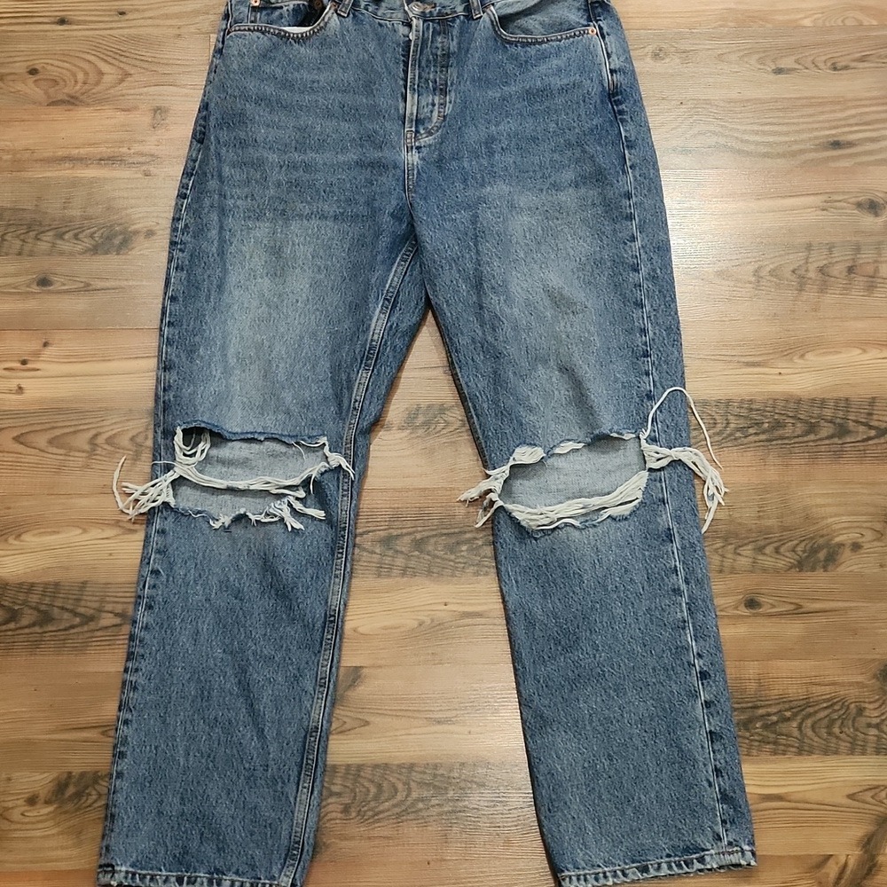 Topshop Dad‎ Jeans Button Fly W34 34x32 Distressed Knee Medium Wash